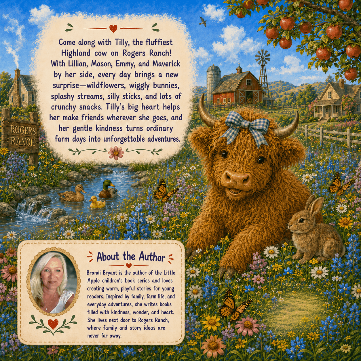 Back cover of Tilly the Highland Cow's Big Adventures with story summary and author Brandi Bryant