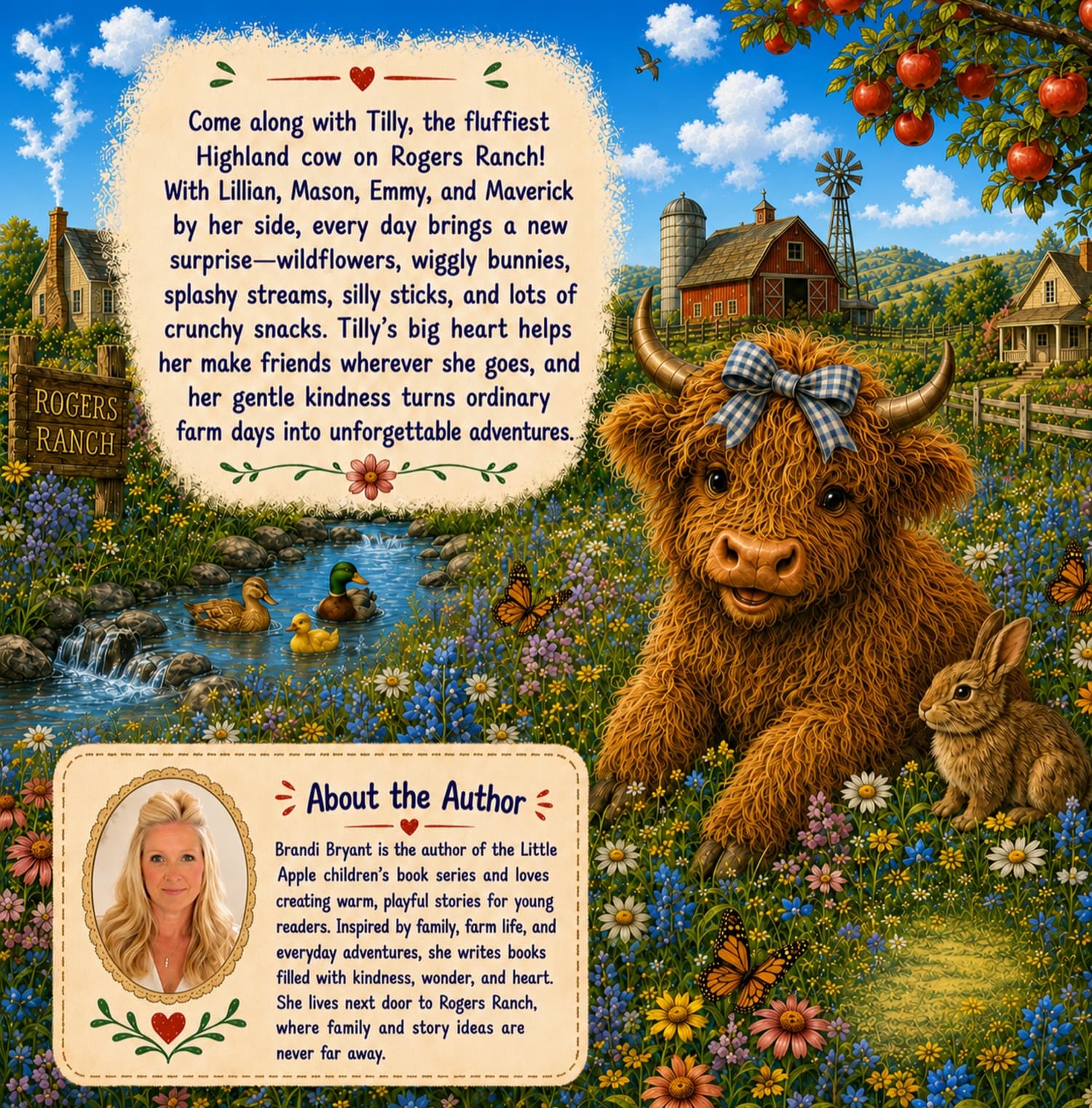 Back cover of Tilly the Highland Cow's Big Adventures with story summary and author Brandi Bryant